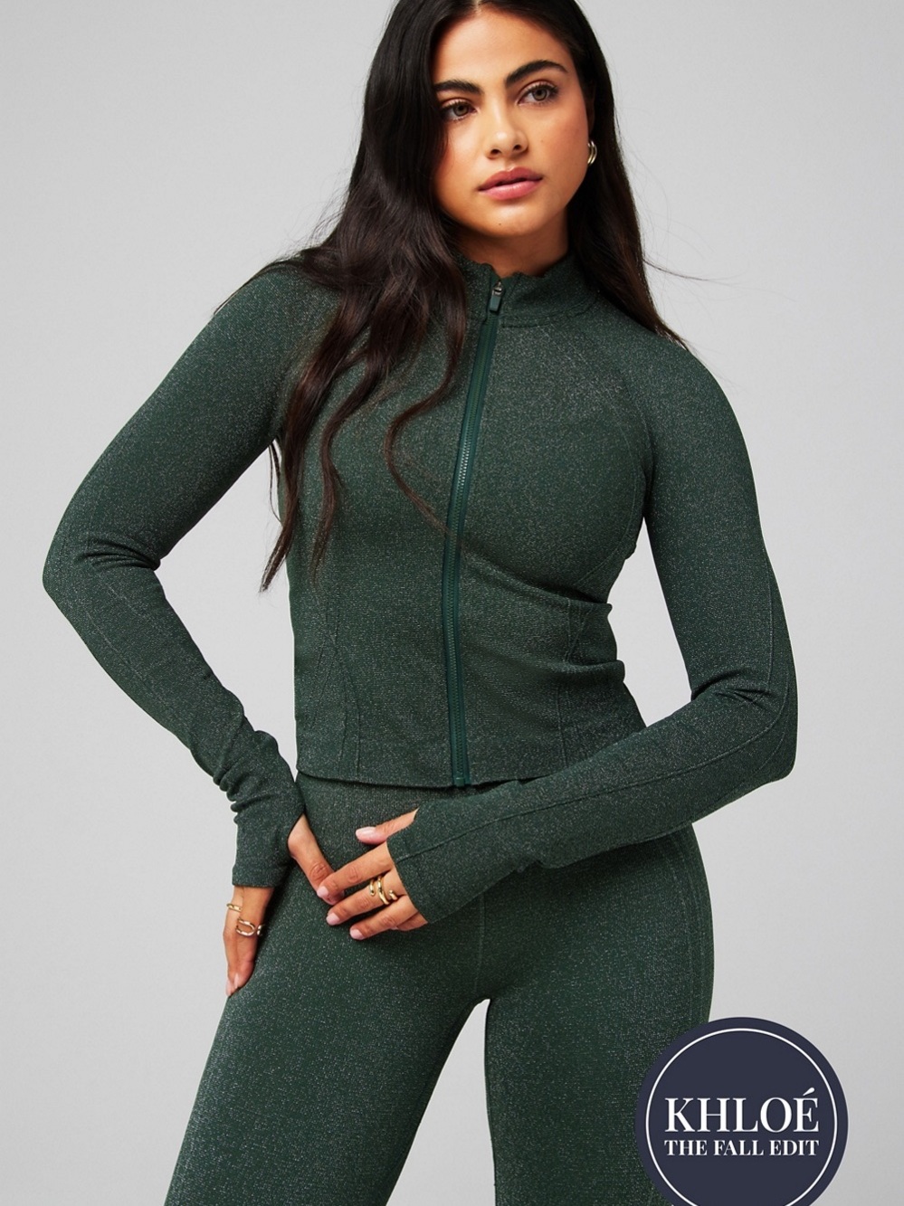 Fabletics Forest Green Shimmer Zip-Up Jacket